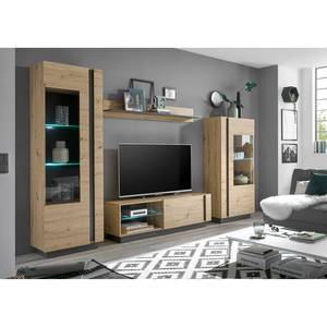 Tv-meubel Cailla hoogglans wit/eikenhouten look - Eikenhoutlook Artisan - Breedte: 138 cm
