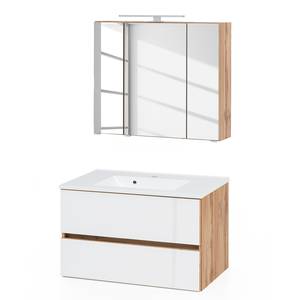 Badkamerset Tira (2-delig) inclusief verlichting -  Wit glas/Eikenhouten Wotan look - Breedte: 80 cm