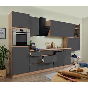 Cuisine équipée Melano VI (9 éléments) Gris brillant / Imitation chêne - Largeur : 380 cm - Avec électroménager