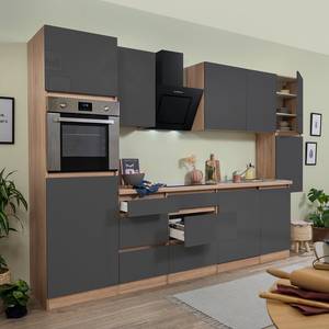 Küchenzeile Melano IV (10-teilig) Hochglanz Grau / Eiche Dekor - Breite: 330 cm - Mit Elektrogeräten