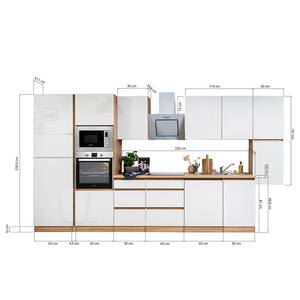 Cuisine équipée Melano IV (10 éléments) Sans appareils électroménagers - Blanc brillant / Imitiation chêne - Largeur : 395 cm - Avec électroménager