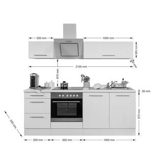 Cuisine Olivone I Appareils électroménagers inclus - Gris brillant / Blanc - Largeur : 210 cm