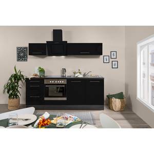 Cuisine Olivone I Appareils électroménagers inclus - Noir brillant / Imitation chêne gris - Largeur : 210 cm