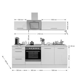 Cuisine Olivone I Appareils électroménagers inclus - Blanc brillant / Imitation chêne gris - Largeur : 210 cm