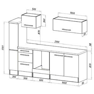 Cuisine Olivone I Appareils électroménagers inclus - Noir brillant / Imitation chêne gris - Largeur : 240 cm