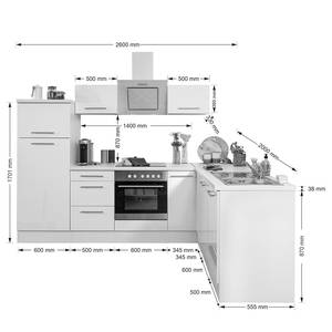 Hoek-keukenblok Olivone I Inclusief elektrische apparaten - Hoogglans Zwart/Eikenhouten grijs look	 - Breedte: 260 cm