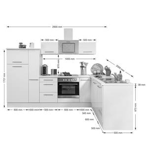 Cuisine d’angle Olivone I Appareils électroménagers inclus - Blanc brillant / Blanc - Largeur : 290 cm