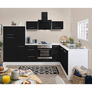 Cuisine d’angle Olivone I Appareils électroménagers inclus - Noir brillant / Blanc - Largeur : 290 cm