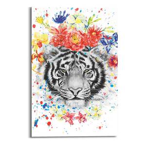 Wandbild Tiger Blumenkranz Holzwerkstoff - Mehrfarbig - 60 x 90 x 2 cm