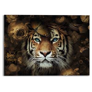 Tableau déco en verre Tigre et fleurs Verre - Marron - 70 cm x 50 cm x 2 cm