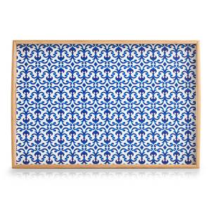 Plateau Marokko Bambou / MDF / Papier - Naturel / Blanc / Bleu - 44 x 30 x 5,5 cm