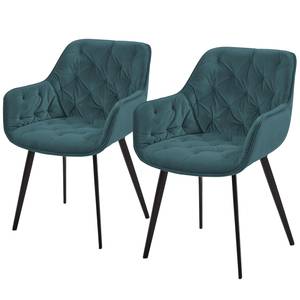 Chaises à accoudoirs Kiana (lot de 2) Velours / Acier - Bleu pétrole / Noir