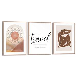 Set afbeeldingen Reizen (3-delig) Print in houten frame - beige