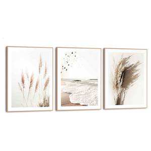 Set afbeeldingen Zomerstrand (3-delig) Print in houten frame - beige