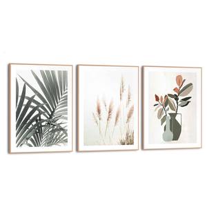 Set afbeeldingen Bloemen (3-delig) Print in houten frame - beige
