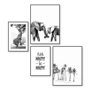 Set afbeeldingen Happy (4-delig) Print in houten lijst - zwart