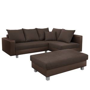 Ecksofa Drayton Kunstleder; Microfaser - Echtleder Soka / Microfaser Miako: Dunkelbraun / Espresso - Ottomane davorstehend rechts - Mit Hocker