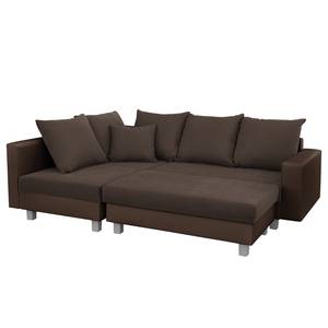 Ecksofa Drayton Kunstleder; Microfaser - Echtleder Soka / Microfaser Miako: Dunkelbraun / Espresso - Ottomane davorstehend rechts - Mit Hocker