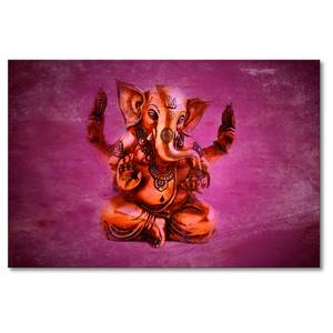 Wandbild God Ganesha Leinen / Massivholz Fichte - Orange / Pink