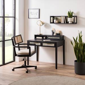 Fauteuil de bureau Devon Tissu / Frêne massif / Rotin - Crème / Frêne noir / Noir