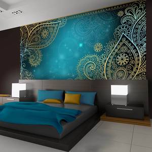 Papier peint Oriental Wings Intissé premium - Turquoise / Doré - 150 x 105 cm