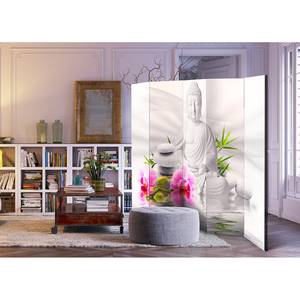 Paravent Buddha and Orchids Vlies auf Massivholz - Grau / Pink - 5-teilig