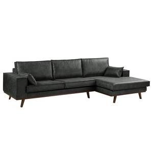 Ecksofa Jurga Antiklederlook - Microfaser Yaka: Schwarz - Longchair davorstehend rechts