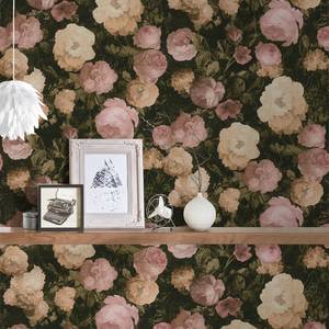 Vliesbehang Vintage Rosen zwart - 0,53m x 10,05m - Zwart/roze