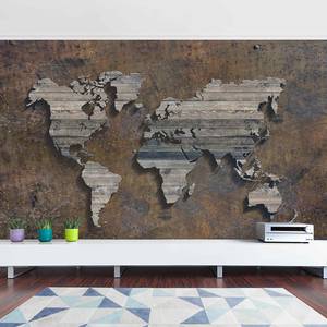 Fotomurale Mappa del mondo di legno Tessuto non tessuto - Marrone - 432 x 290 cm