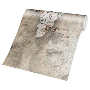 Vliesbehang Shabby Klok Wereldkaart vliespapier - beige - 384 x 255 cm