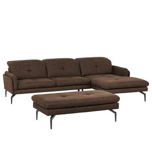 Ecksofa Bosley Antiklederlook - Microfaser Priya: Dunkelbraun - Longchair davorstehend rechts - Mit Hocker