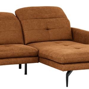 Ecksofa Bosley Antiklederlook - Microfaser Priya: Cognac - Longchair davorstehend rechts - Mit Hocker