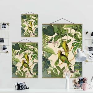 Stoffbild Collage Papageien im Dschungel Textil; Massivholz (Holzart) - Grün - 100cm x 133,5cm x 0,3cm - 100 x 134 cm