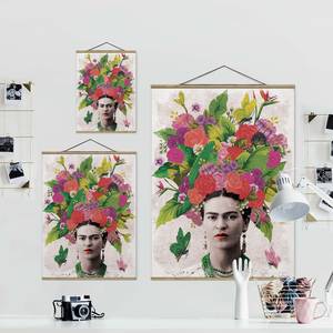 Quadro di tessuto Frida Kahlo e fiori Tessuto. Legno massello - Multicolore - 100cm x 133,5cm x 0,3cm - 100 x 134 cm