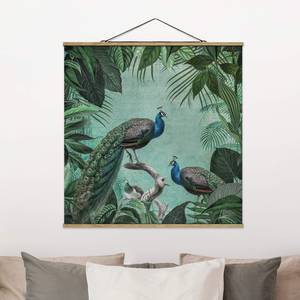 Tableau déco  Shabby Chic Paon I Toile et bois massif - Turquoise - 100 cm x 100 cm x 0,3 cm - 100 x 100 cm