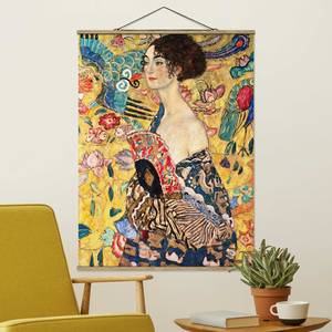Tableau déco Klimt Dame à l’éventail Toile et bois massif - Multicolore - 100 cm x 133,5 cm x 0,3 cm - 100 x 134 cm