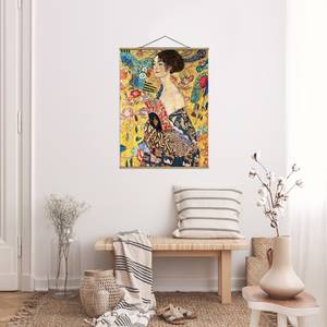 Stoffbild Gustav Klimt Dame mit Fächer Textil; Massivholz (Holzart) - Mehrfarbig - 100cm x 133,5cm x 0,3cm - 100 x 134 cm