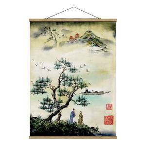 Tableau déco Village japonais Toile et bois massif - Vert - 100 cm x 133,5 cm x 0,3 cm - 100 x 134 cm