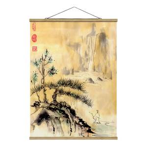 Stoffbild  Japanische  Zedern und Berge Textil; Massivholz (Holzart) - Gelb - 100cm x 133,5cm x 0,3cm - 100 x 134 cm