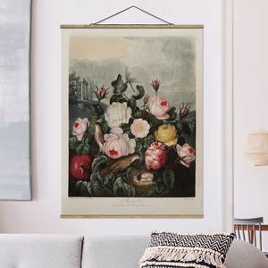 Stoffbild Botanik Vintage  Rosen Textil; Massivholz (Holzart) - Pink - 100cm x 133,5cm x 0,3cm - 100 x 134 cm
