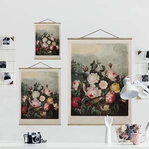 Stoffbild Botanik Vintage  Rosen Textil; Massivholz (Holzart) - Pink - 100cm x 133,5cm x 0,3cm - 100 x 134 cm