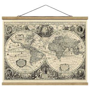 Wandkleed Wereldkaart Antiek textiel & massief hout (houtsoort) - Beige; zwart - 100cm x 75cm x 0,3cm - 100 x 75 cm