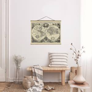 Stoffbild Weltkarte Antike Illustration Textil; Massivholz (Holzart) - Beige; Schwarz - 100cm x 75cm x 0,3cm - 100 x 75 cm