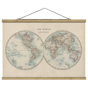 Wandkleed Wereldkaart Twee Hemisferen textiel & massief hout (houtsoort) - Beige - 100cm x 66,5cm x 0,3cm - 100 x 67 cm