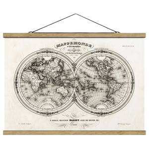 Tableau déco Carte des hémisphères Toile et bois massif - Noir / Blanc - 100 cm x 66,5 cm x 0,3 cm - 100 x 67 cm