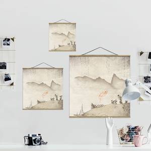 Tableau déco Style Japonais I Toile et bois massif - Beige - 35 cm x 35 cm x 0,3 cm - 35 x 35 cm