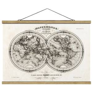 Tableau déco Carte des hémisphères Toile et bois massif - Noir / Blanc - 35 cm x 23,5 cm x 0,3 cm - 35 x 24 cm