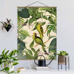 Stoffbild Collage Papageien im Dschungel Textil; Massivholz (Holzart) - Grün - 80cm x 106,5cm x 0,3cm - 80 x 107 cm