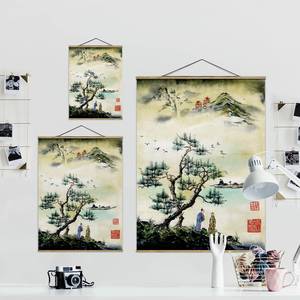 Wandkleed Japans Bergdorp textiel & massief hout (houtsoort) - groen - 35cm x 46,5cm x 0,3cm - 35 x 47 cm