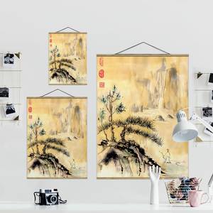 Tableau déco Montagnes japonaises Toile et bois massif - Jaune - 80 cm x 106,5 cm x 0,3 cm - 80 x 107 cm